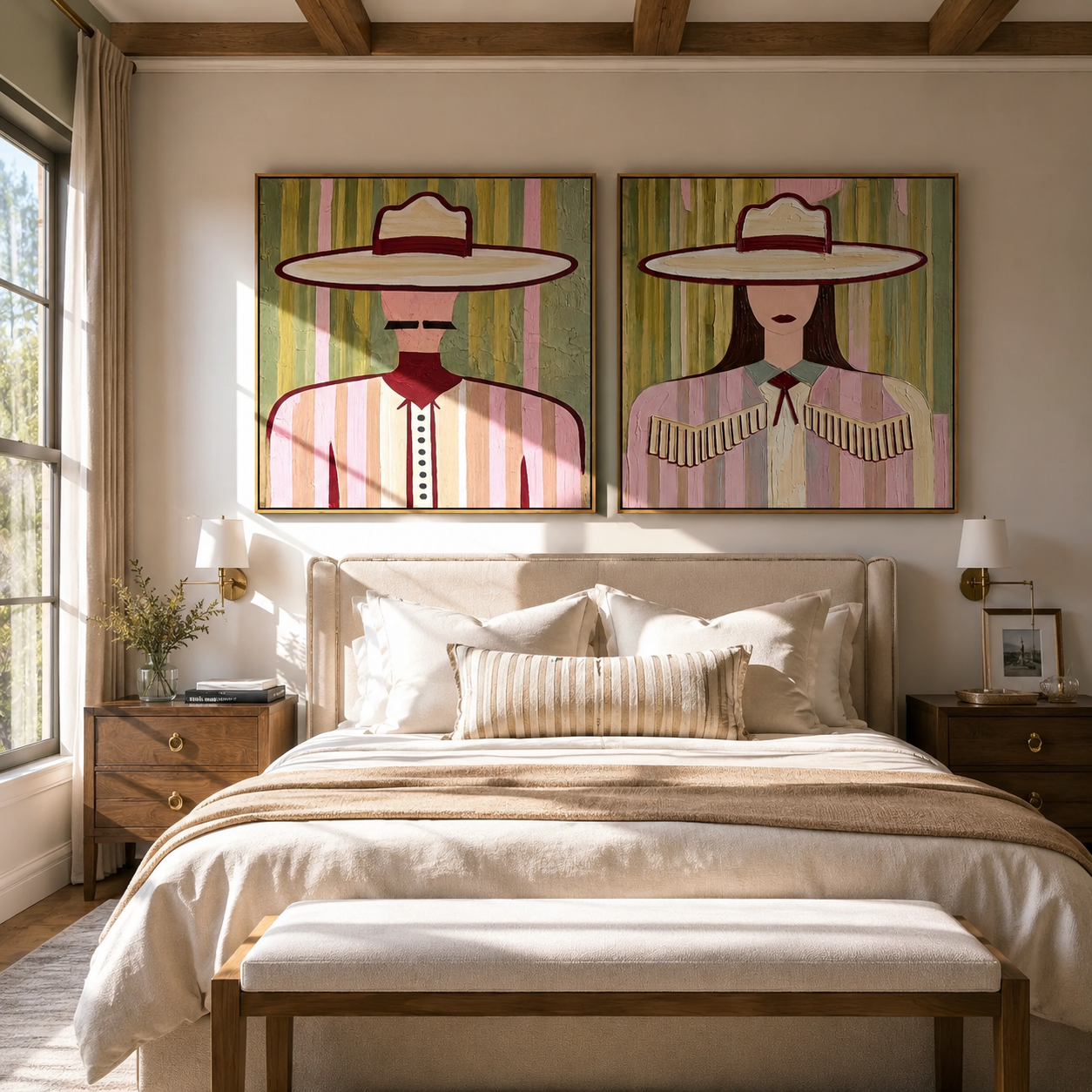 Rose Brims Hold Stripes - pink Western women by Elliot Vale, modern figurative set of 2 wall art - styled room scene view 4