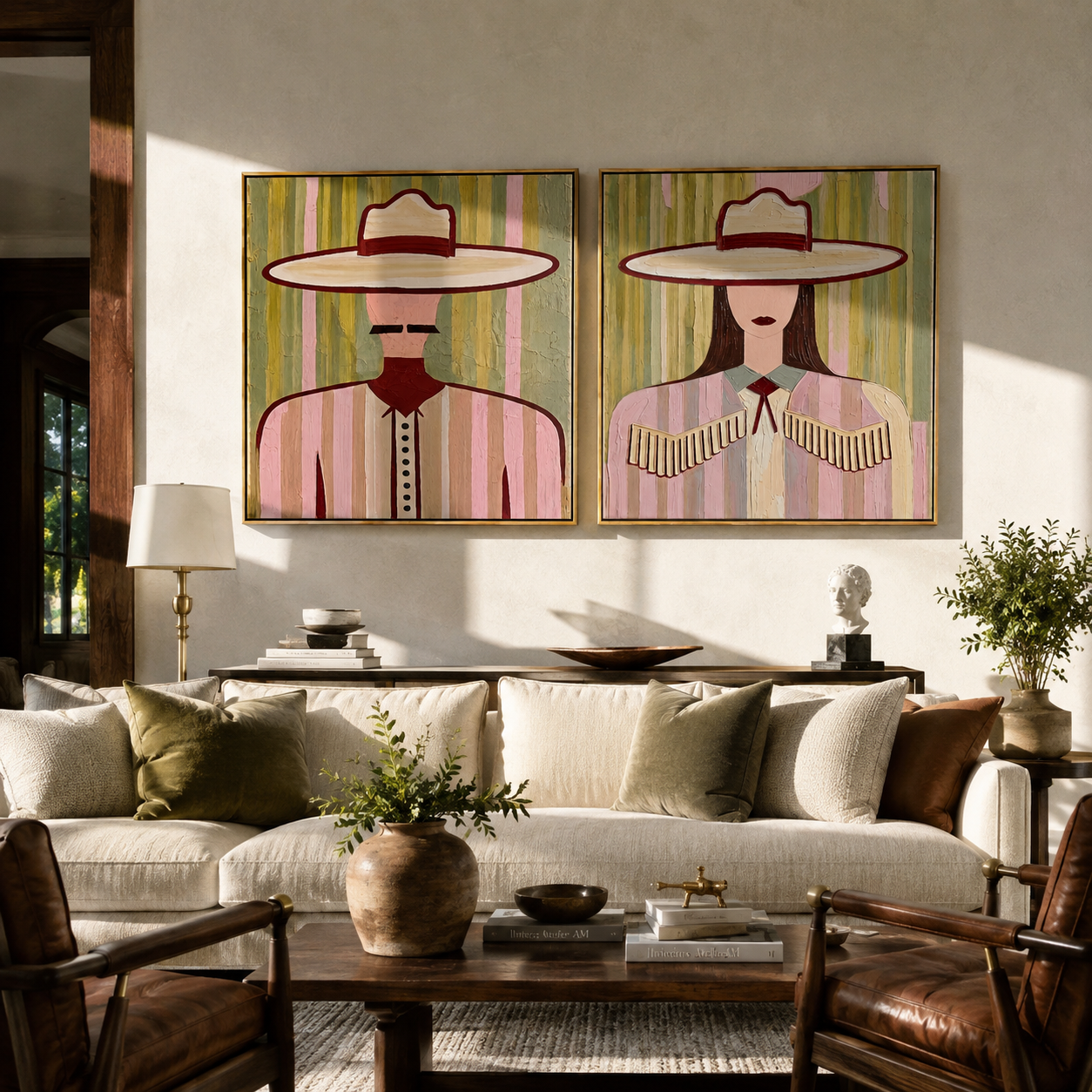 Rose Brims Hold Stripes - pink Western women by Elliot Vale, modern figurative set of 2 wall art - styled room scene view 5