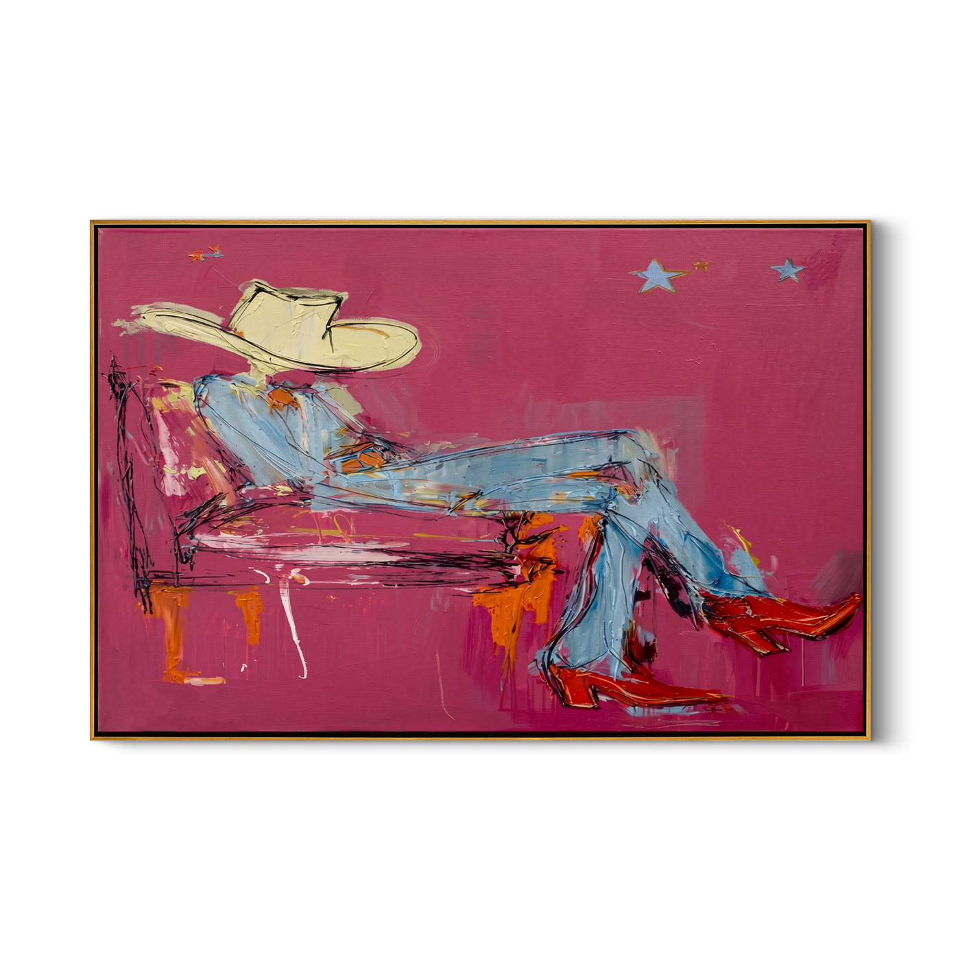 Pink Room Takes Five — Reclining Pink Cowboy Painting | Contemporary Western Horizontal Wall Art – pink and gray contemporary western western art, horizontal hand-painted canvas art – view 1