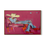 Pink Room Takes Five — Reclining Pink Cowboy Painting | Contemporary Western Horizontal Wall Art – pink and gray contemporary western western art, horizontal hand-painted canvas art – view 1