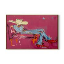 Pink Room Takes Five — Reclining Pink Cowboy Painting | Contemporary Western Horizontal Wall Art – pink and gray contemporary western western art, horizontal hand-painted canvas art – view 1