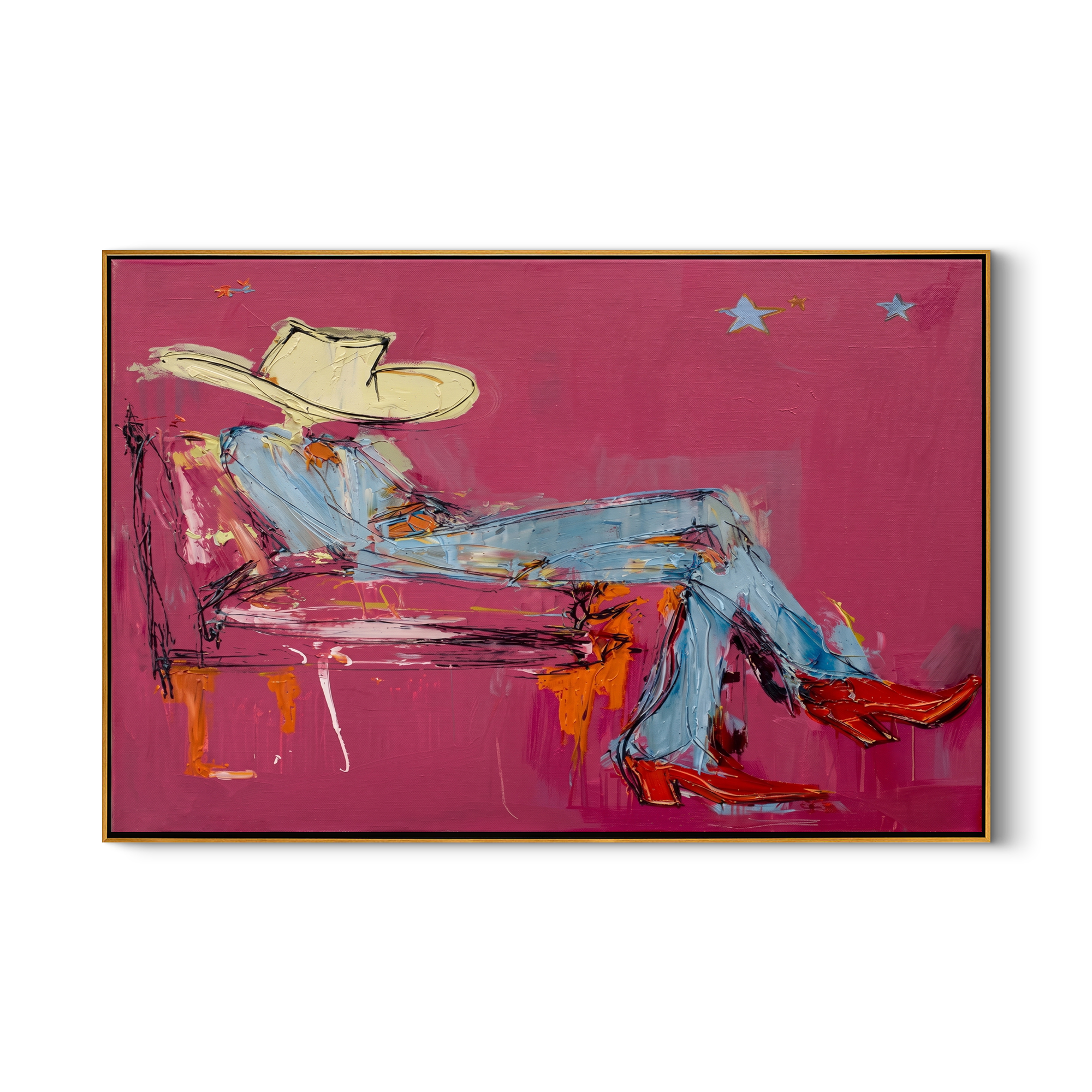 Pink Room Takes Five — Reclining Pink Cowboy Painting | Contemporary Western Horizontal Wall Art – pink and gray contemporary western western art, horizontal hand-painted canvas art – view 1