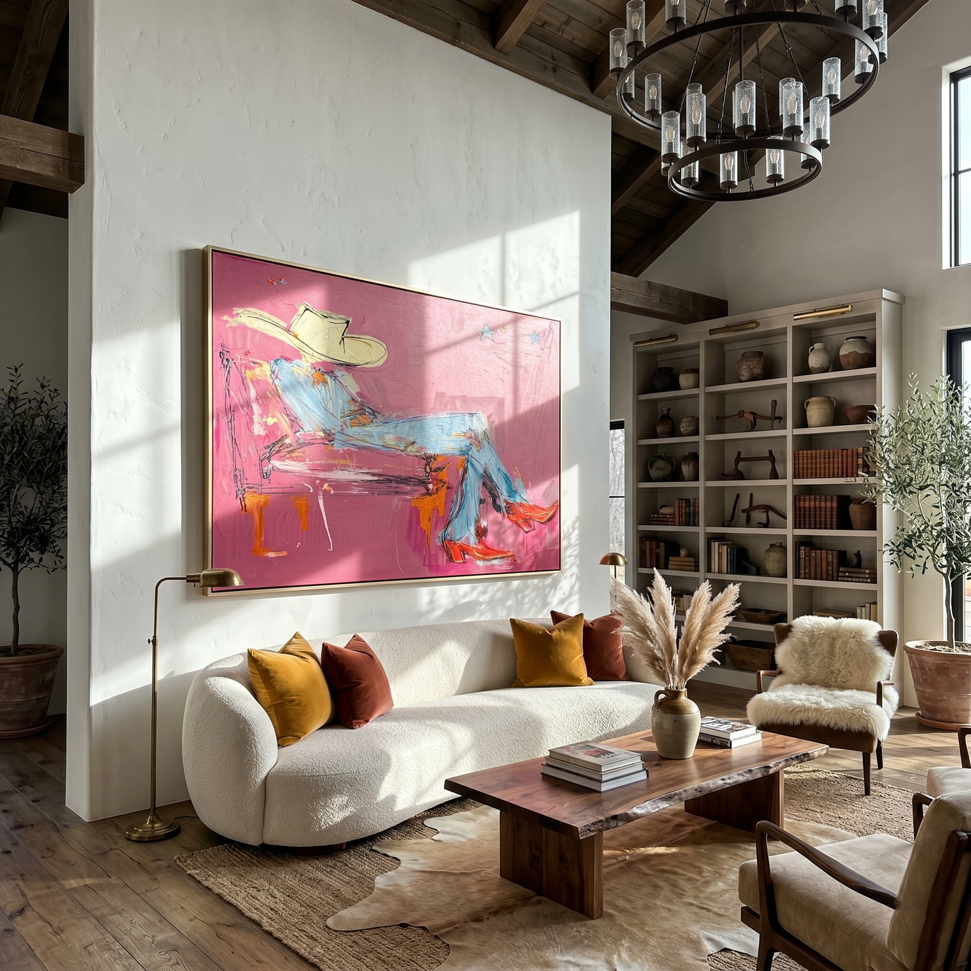 Pink Room Takes Five — Reclining Pink Cowboy Painting | Contemporary Western Horizontal Wall Art – pink and gray contemporary western western art, horizontal hand-painted canvas art – view 3