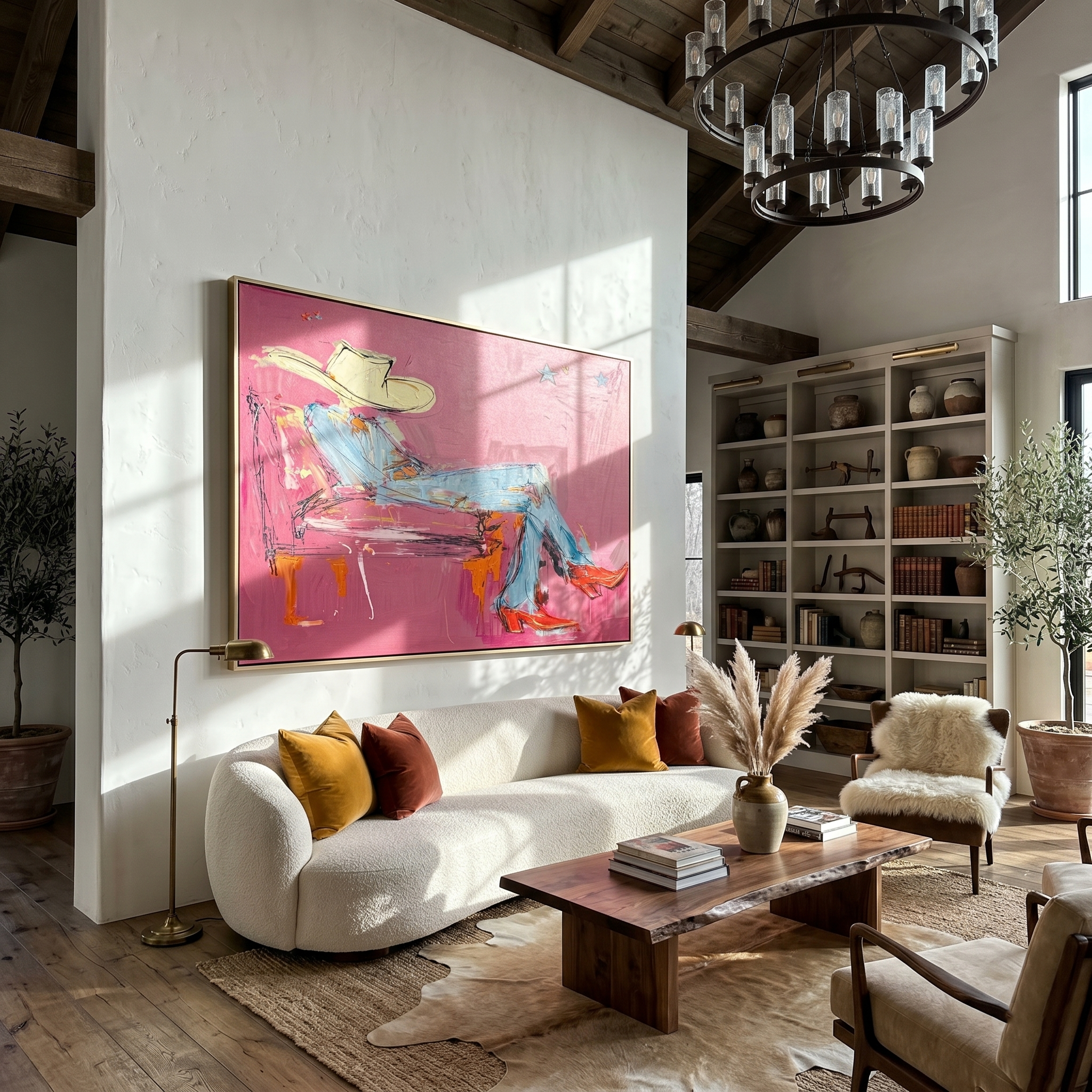 Pink Room Takes Five — Reclining Pink Cowboy Painting | Contemporary Western Horizontal Wall Art – pink and gray contemporary western western art, horizontal hand-painted canvas art – view 3
