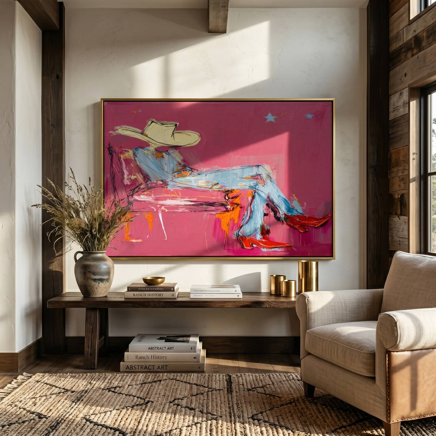 Pink Room Takes Five — Reclining Pink Cowboy Painting | Contemporary Western Horizontal Wall Art – pink and gray contemporary western western art, horizontal hand-painted canvas art – view 4
