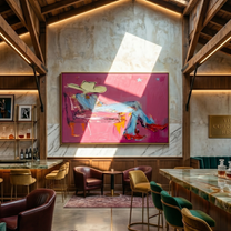Pink Room Takes Five — Reclining Pink Cowboy Painting | Contemporary Western Horizontal Wall Art – pink and gray contemporary western western art, horizontal hand-painted canvas art – view 5