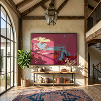 Pink Room Takes Five — Reclining Pink Cowboy Painting | Contemporary Western Horizontal Wall Art – pink and gray contemporary western western art, horizontal hand-painted canvas art – view 6