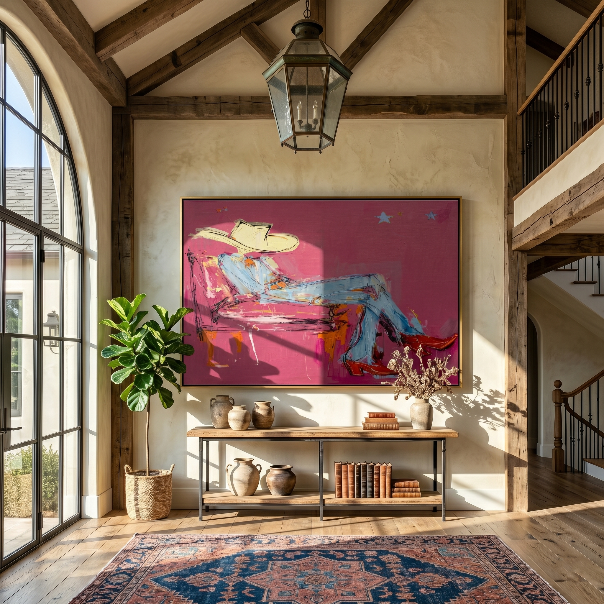 Pink Room Takes Five — Reclining Pink Cowboy Painting | Contemporary Western Horizontal Wall Art – pink and gray contemporary western western art, horizontal hand-painted canvas art – view 6