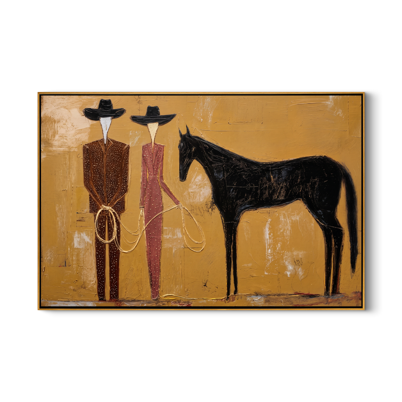 Two Riders Hold Noon — Cowboy Pair with Horse Painting | Contemporary Western Horizontal Wall Art – gold and brown contemporary western western art, horizontal hand-painted canvas art – view 1