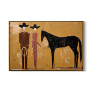 Two Riders Hold Noon — Cowboy Pair with Horse Painting | Contemporary Western Horizontal Wall Art – gold and brown contemporary western western art, horizontal hand-painted canvas art – view 1