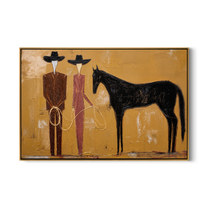 Two Riders Hold Noon — Cowboy Pair with Horse Painting | Contemporary Western Horizontal Wall Art – gold and brown contemporary western western art, horizontal hand-painted canvas art – view 1