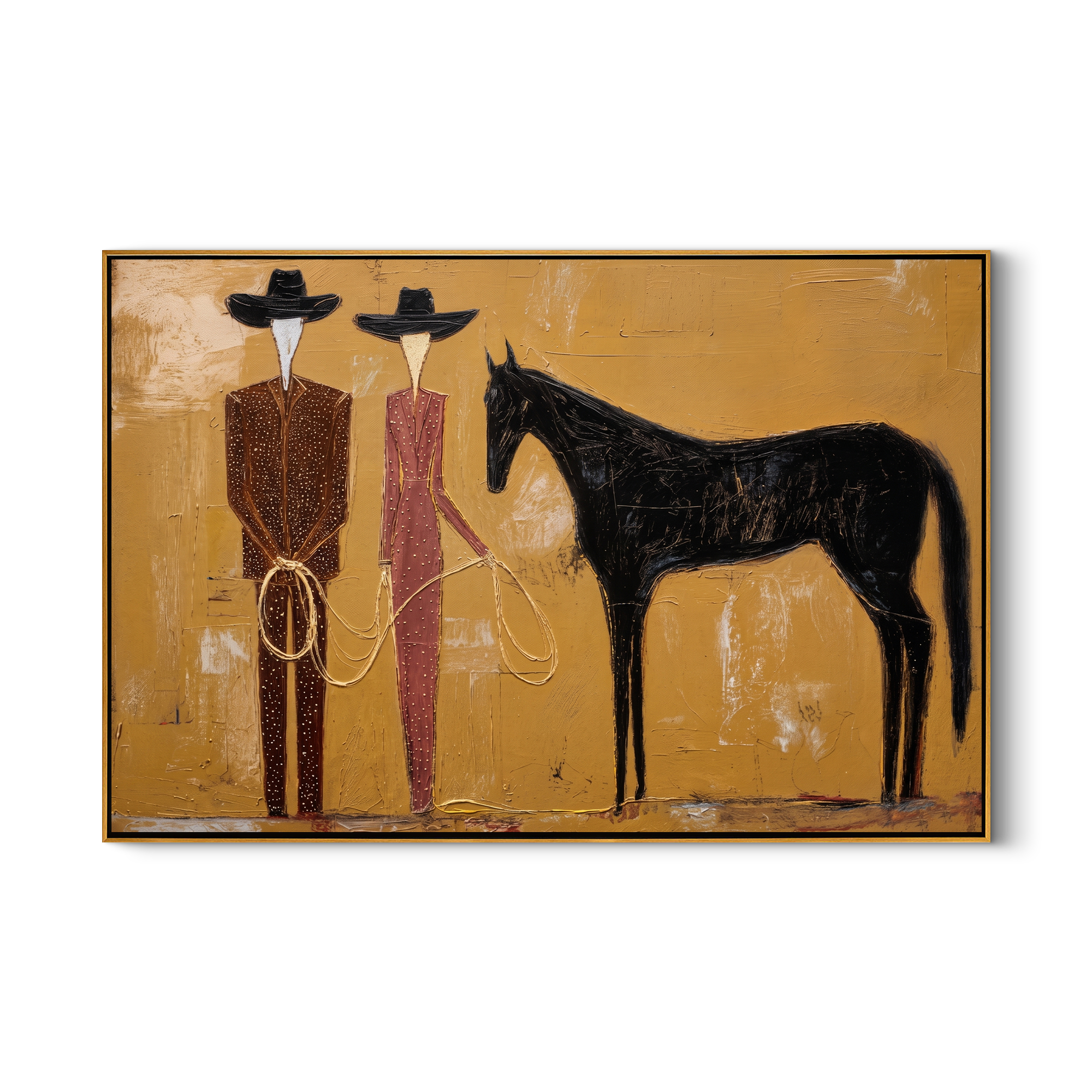 Two Riders Hold Noon — Cowboy Pair with Horse Painting | Contemporary Western Horizontal Wall Art – gold and brown contemporary western western art, horizontal hand-painted canvas art – view 1