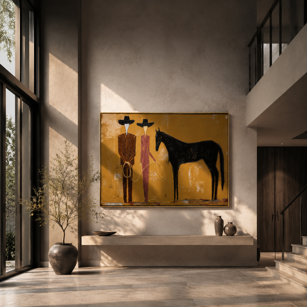 Two Riders Hold Noon — Cowboy Pair with Horse Painting | Contemporary Western Horizontal Wall Art – gold and brown contemporary western western art, horizontal hand-painted canvas art – view 2