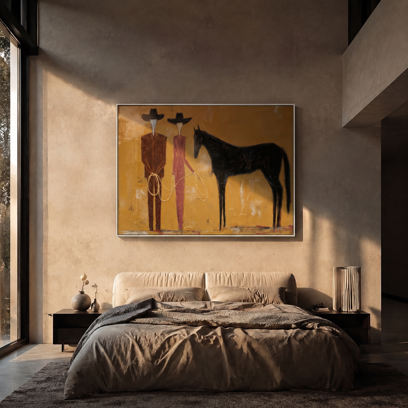Two Riders Hold Noon — Cowboy Pair with Horse Painting | Contemporary Western Horizontal Wall Art – gold and brown contemporary western western art, horizontal hand-painted canvas art – view 3