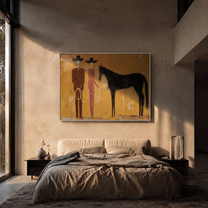 Two Riders Hold Noon — Cowboy Pair with Horse Painting | Contemporary Western Horizontal Wall Art – gold and brown contemporary western western art, horizontal hand-painted canvas art – view 3