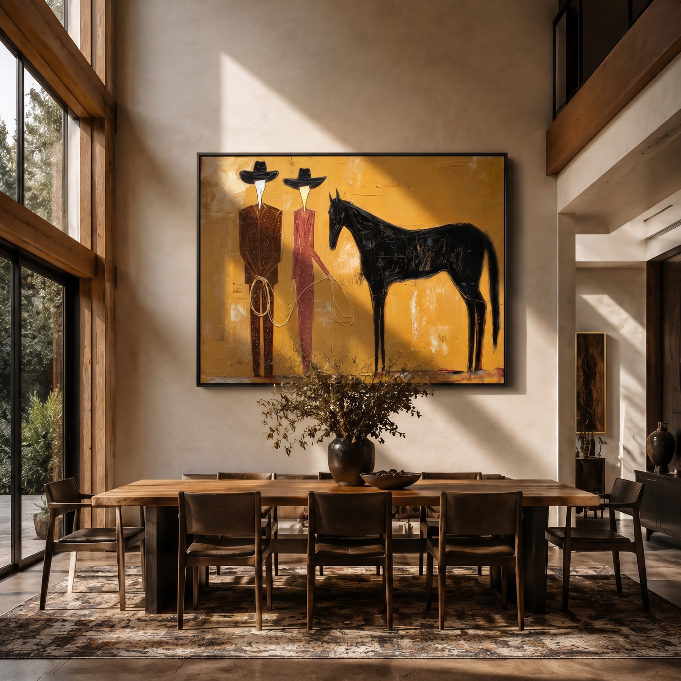 Two Riders Hold Noon — Cowboy Pair with Horse Painting | Contemporary Western Horizontal Wall Art – gold and brown contemporary western western art, horizontal hand-painted canvas art – view 4