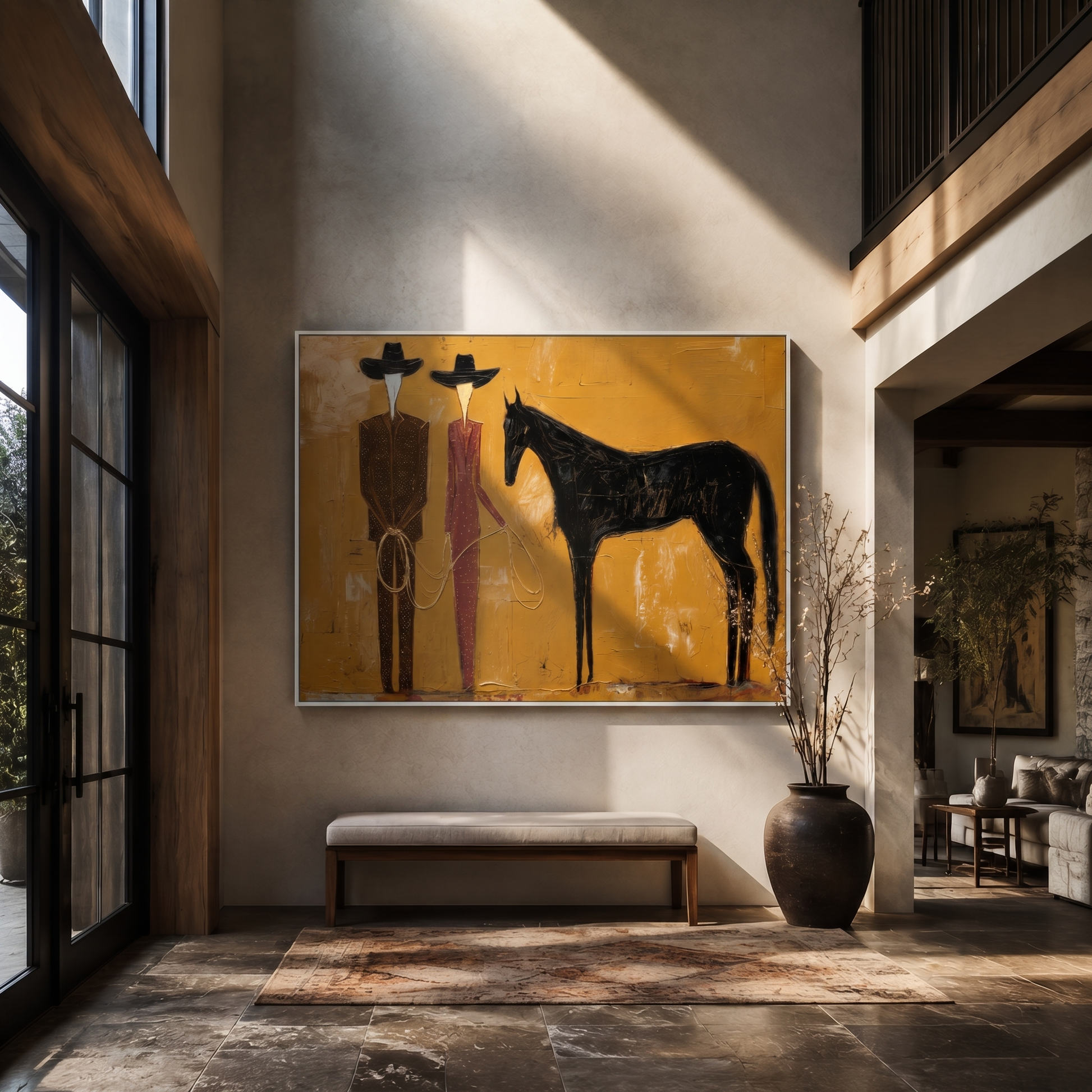 Two Riders Hold Noon — Cowboy Pair with Horse Painting | Contemporary Western Horizontal Wall Art – gold and brown contemporary western western art, horizontal hand-painted canvas art – view 5