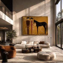 Two Riders Hold Noon — Cowboy Pair with Horse Painting | Contemporary Western Horizontal Wall Art – gold and brown contemporary western western art, horizontal hand-painted canvas art – view 6