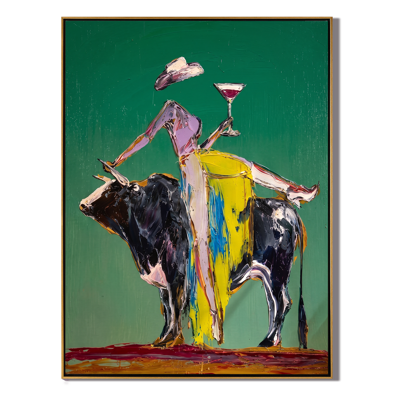 Martini Rides a Bull — Bull Cocktail Figure Painting | Contemporary Western Vertical Wall Art – green and gray contemporary western western art, vertical hand-painted canvas art – view 1