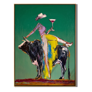 Martini Rides a Bull — Bull Cocktail Figure Painting | Contemporary Western Vertical Wall Art – green and gray contemporary western western art, vertical hand-painted canvas art – view 1