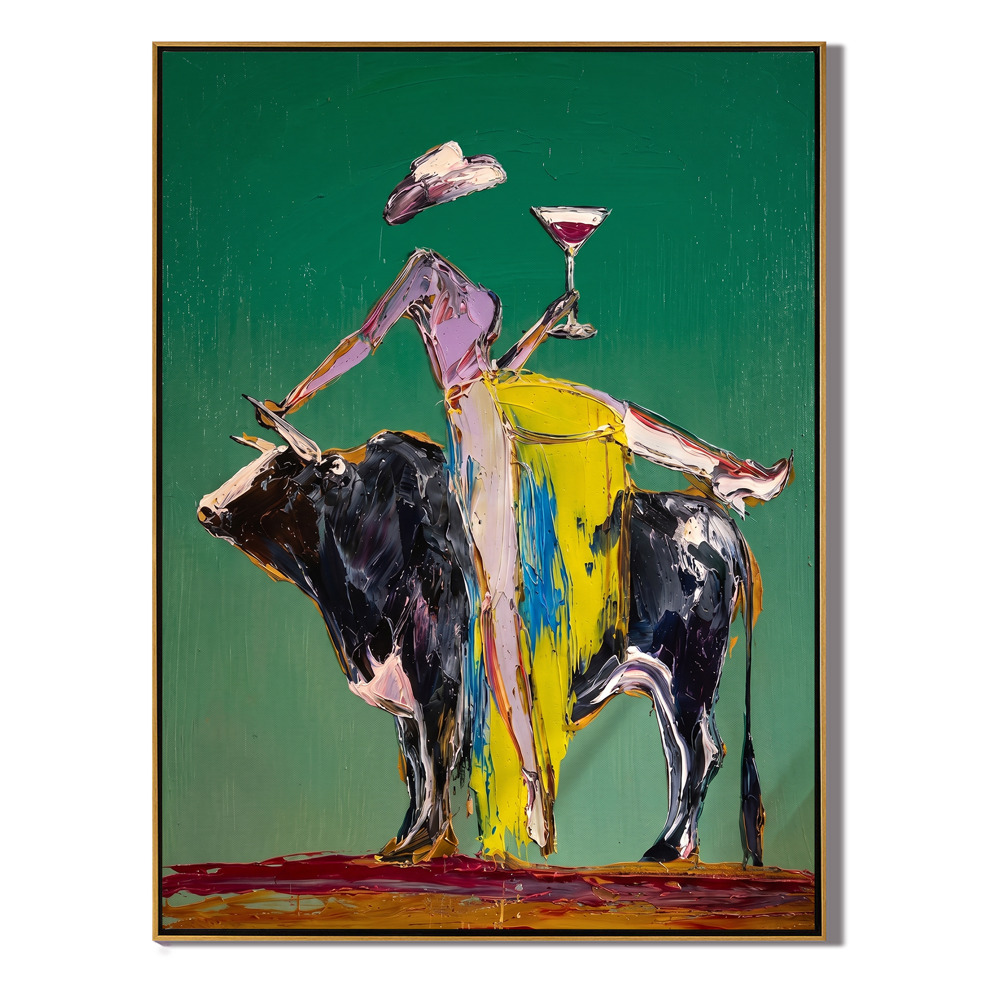 Martini Rides a Bull — Bull Cocktail Figure Painting | Contemporary Western Vertical Wall Art – green and gray contemporary western western art, vertical hand-painted canvas art – view 1