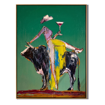 Martini Rides a Bull — Bull Cocktail Figure Painting | Contemporary Western Vertical Wall Art – green and gray contemporary western western art, vertical hand-painted canvas art – view 1