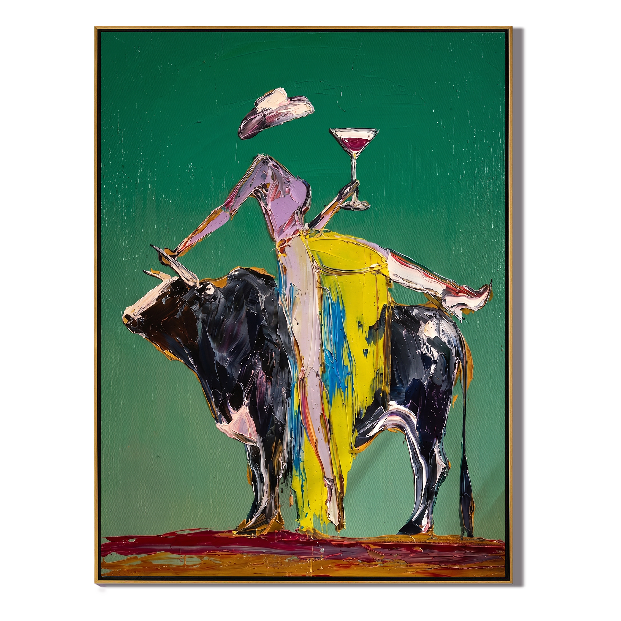 Martini Rides a Bull — Bull Cocktail Figure Painting | Contemporary Western Vertical Wall Art – green and gray contemporary western western art, vertical hand-painted canvas art – view 1