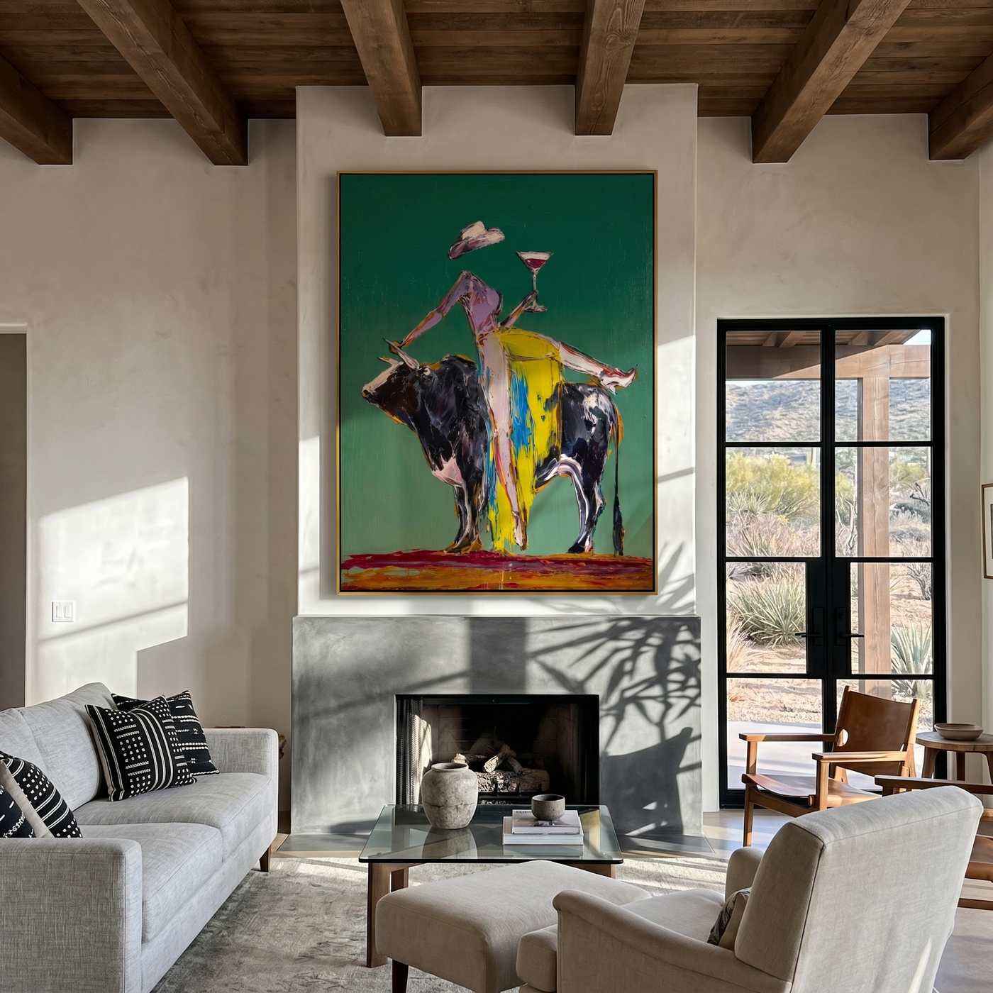 Martini Rides a Bull — Bull Cocktail Figure Painting | Contemporary Western Vertical Wall Art – green and gray contemporary western western art, vertical hand-painted canvas art – view 2