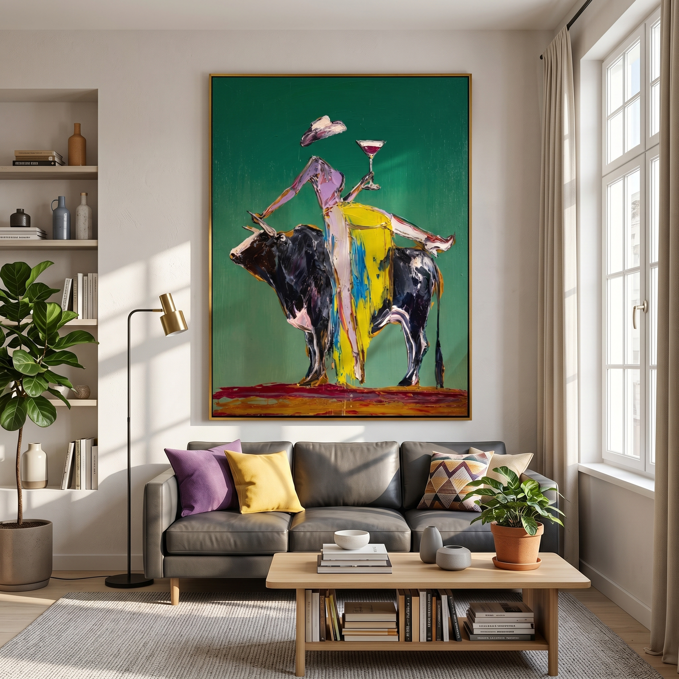 Martini Rides a Bull — Bull Cocktail Figure Painting | Contemporary Western Vertical Wall Art – green and gray contemporary western western art, vertical hand-painted canvas art – view 3