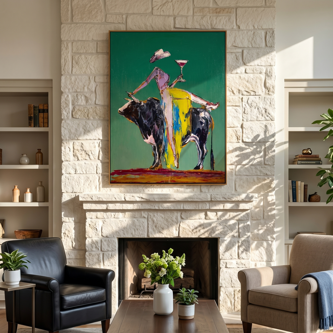 Martini Rides a Bull — Bull Cocktail Figure Painting | Contemporary Western Vertical Wall Art – green and gray contemporary western western art, vertical hand-painted canvas art – view 4