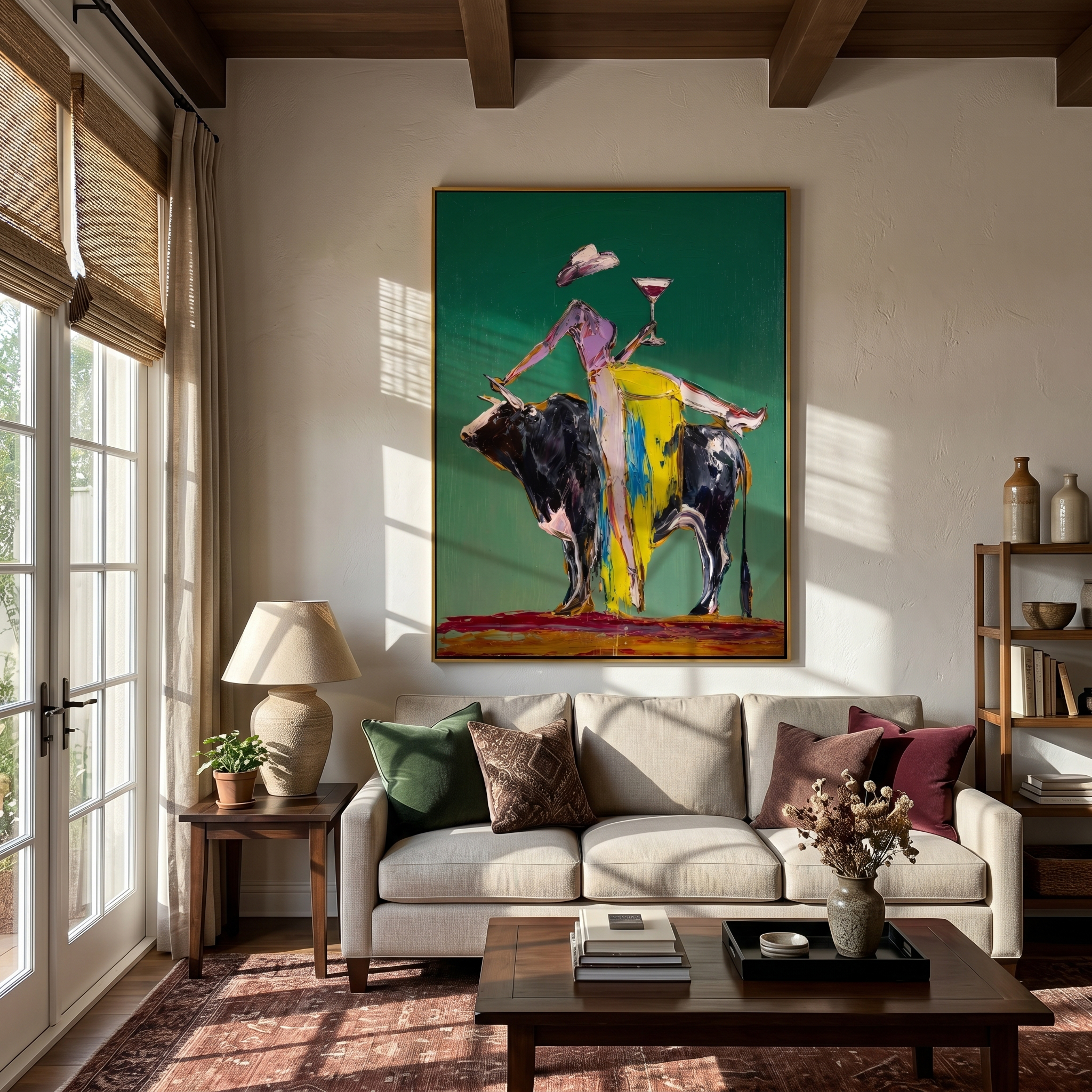 Martini Rides a Bull — Bull Cocktail Figure Painting | Contemporary Western Vertical Wall Art – green and gray contemporary western western art, vertical hand-painted canvas art – view 5