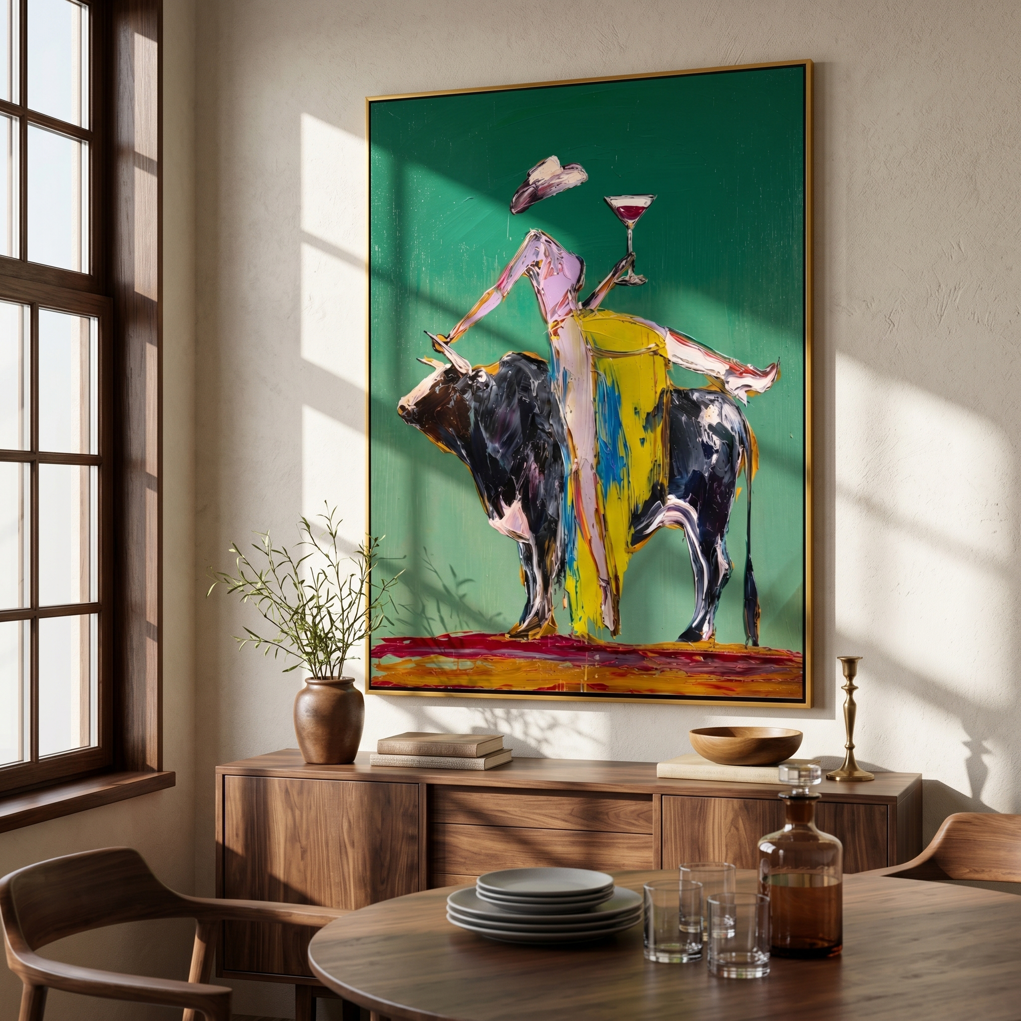 Martini Rides a Bull — Bull Cocktail Figure Painting | Contemporary Western Vertical Wall Art – green and gray contemporary western western art, vertical hand-painted canvas art – view 6