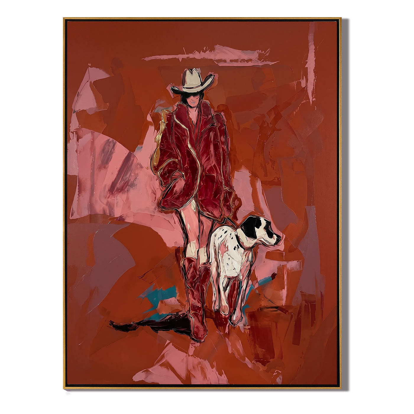 Cowboy Walks with Loyalty — Cowboy and Spotted Dog Painting | Contemporary Western Vertical Wall Art – brown and red contemporary western western art, vertical hand-painted canvas art – view 1