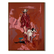 Cowboy Walks with Loyalty — Cowboy and Spotted Dog Painting | Contemporary Western Vertical Wall Art – brown and red contemporary western western art, vertical hand-painted canvas art – view 1