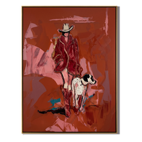 Cowboy Walks with Loyalty — Cowboy and Spotted Dog Painting | Contemporary Western Vertical Wall Art – brown and red contemporary western western art, vertical hand-painted canvas art – view 1
