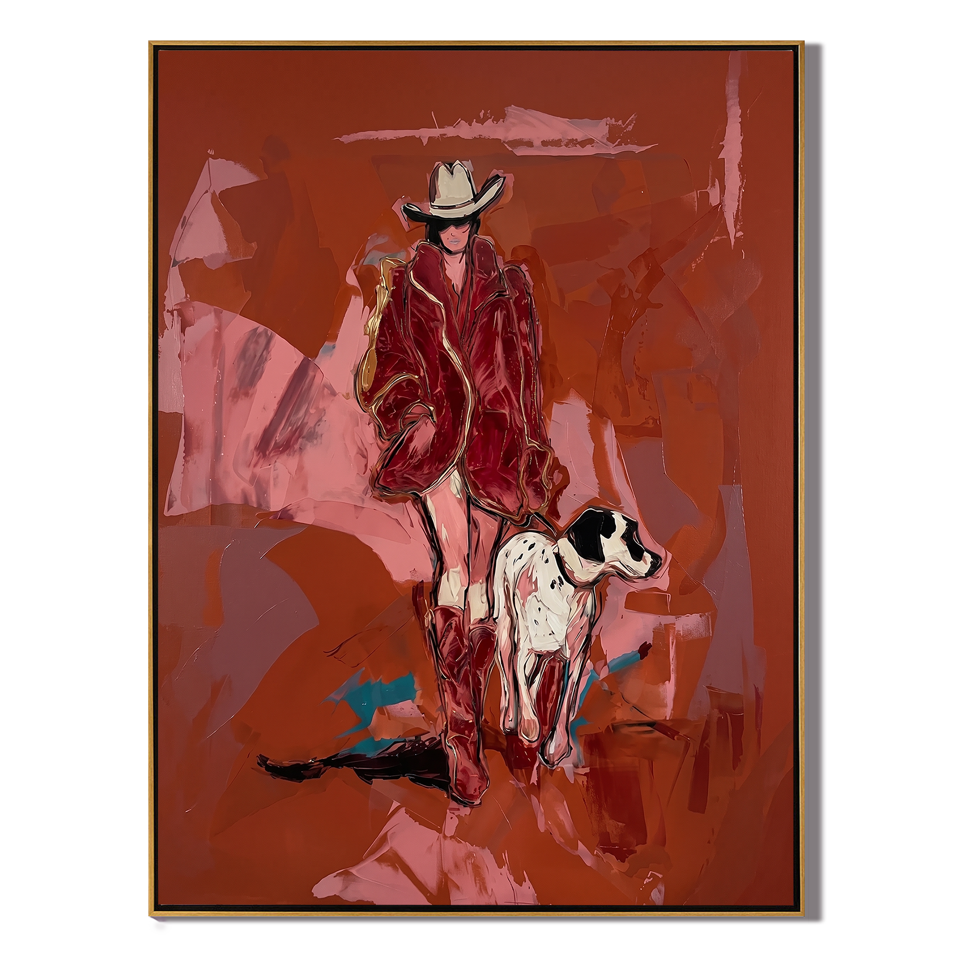 Cowboy Walks with Loyalty — Cowboy and Spotted Dog Painting | Contemporary Western Vertical Wall Art – brown and red contemporary western western art, vertical hand-painted canvas art – view 1