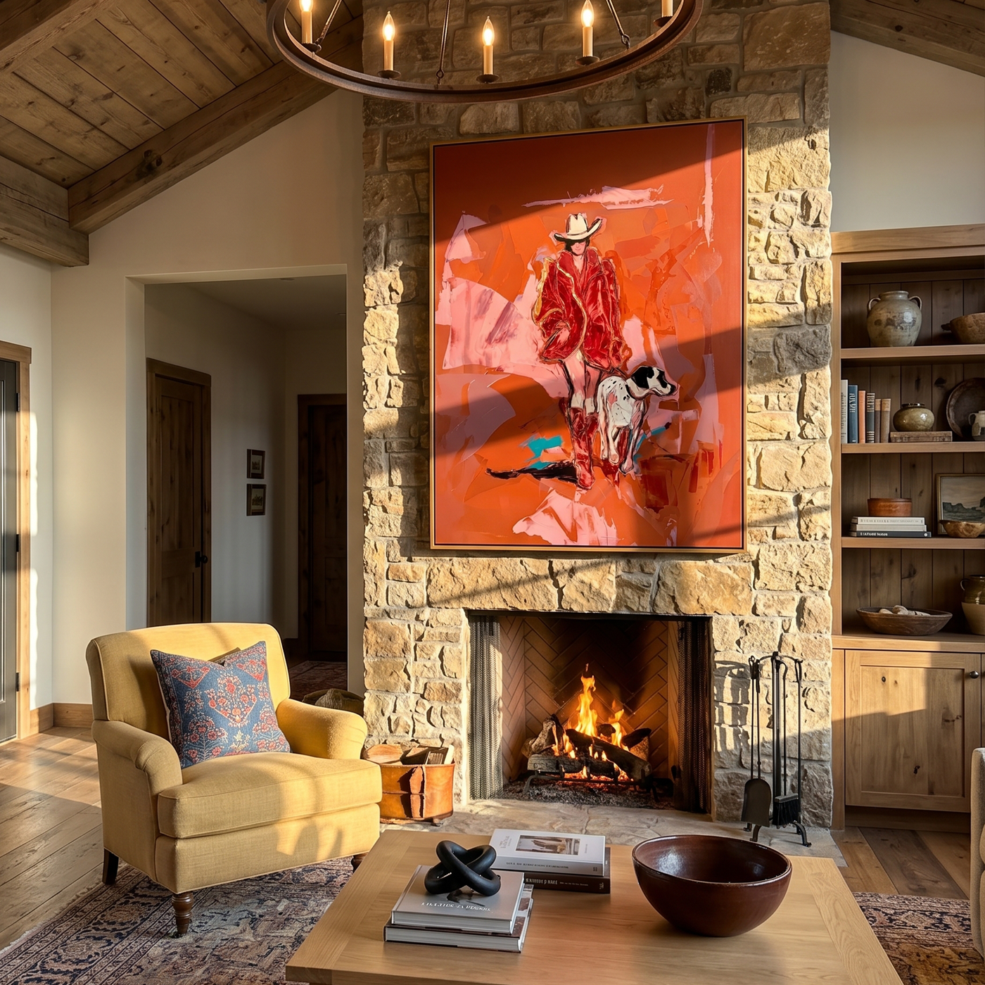 Cowboy Walks with Loyalty — Cowboy and Spotted Dog Painting | Contemporary Western Vertical Wall Art – brown and red contemporary western western art, vertical hand-painted canvas art – view 2