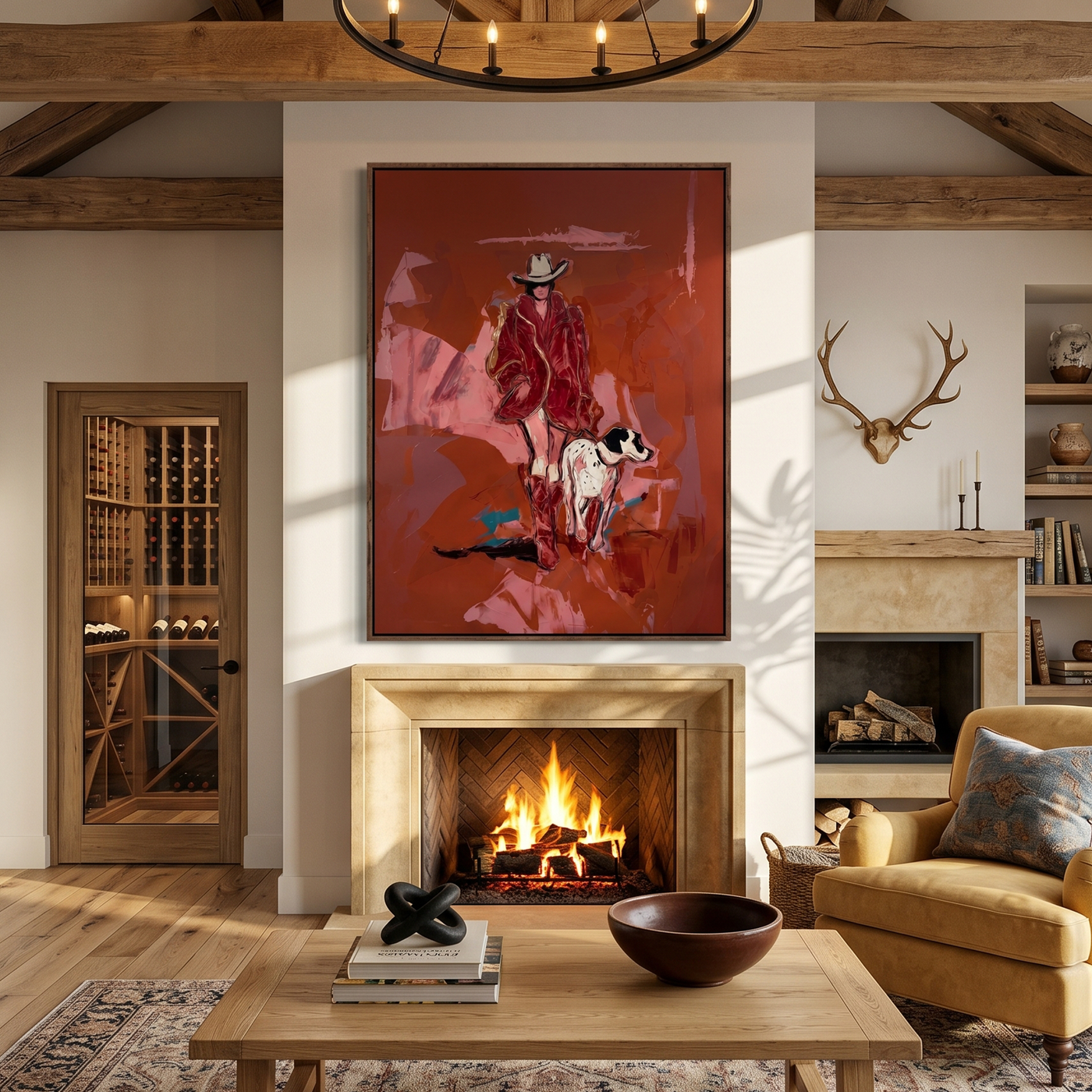 Cowboy Walks with Loyalty — Cowboy and Spotted Dog Painting | Contemporary Western Vertical Wall Art – brown and red contemporary western western art, vertical hand-painted canvas art – view 3