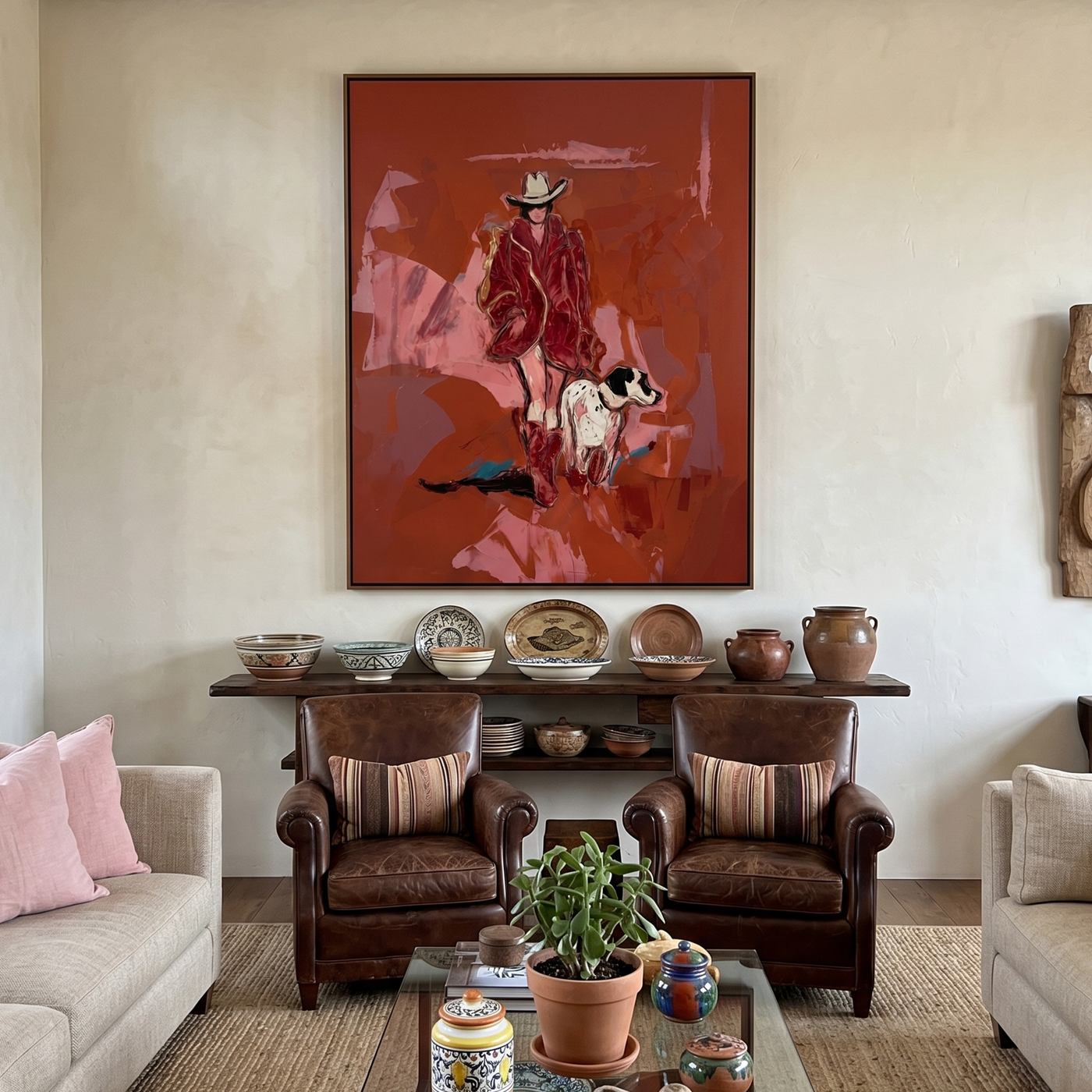 Cowboy Walks with Loyalty — Cowboy and Spotted Dog Painting | Contemporary Western Vertical Wall Art – brown and red contemporary western western art, vertical hand-painted canvas art – view 4