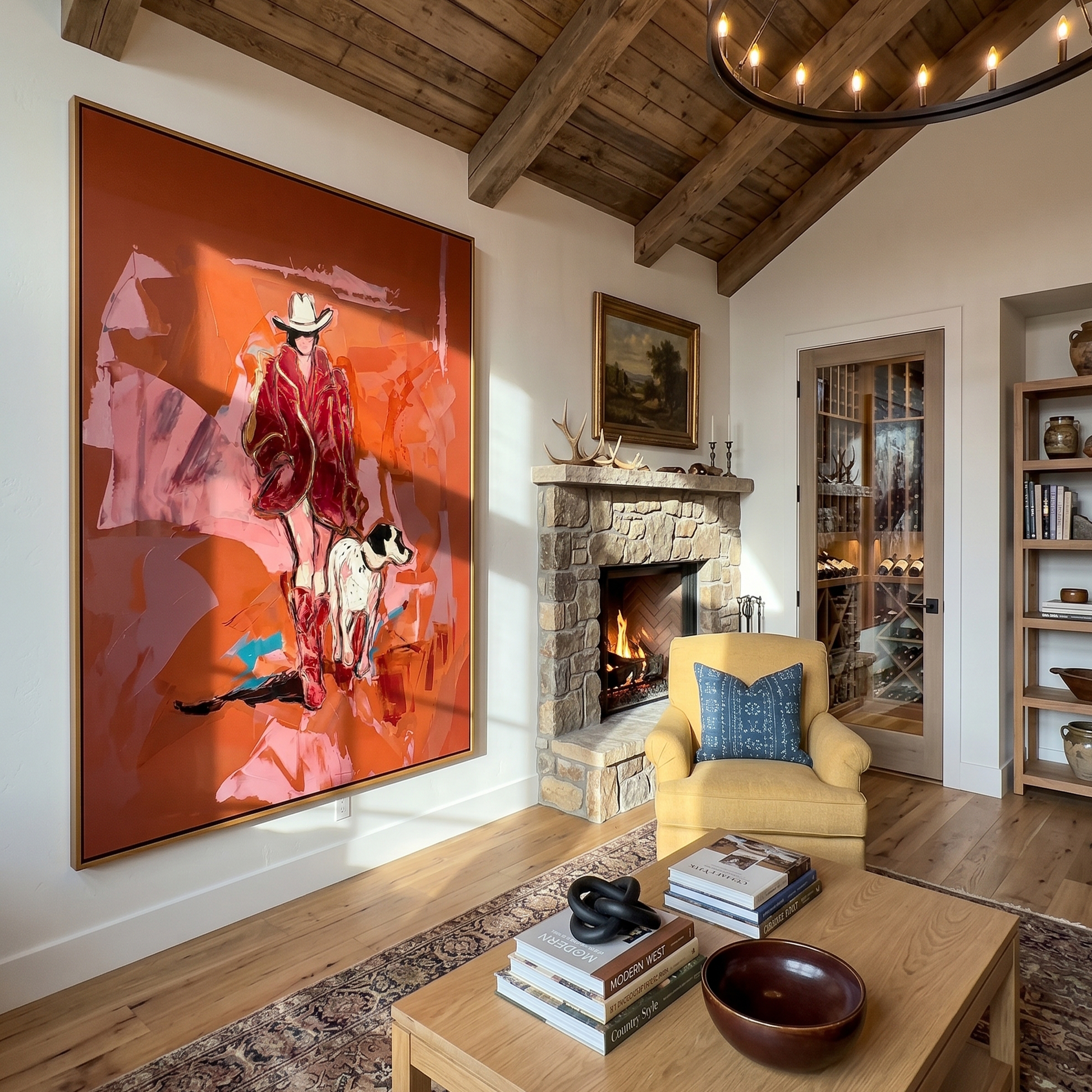 Cowboy Walks with Loyalty — Cowboy and Spotted Dog Painting | Contemporary Western Vertical Wall Art – brown and red contemporary western western art, vertical hand-painted canvas art – view 5