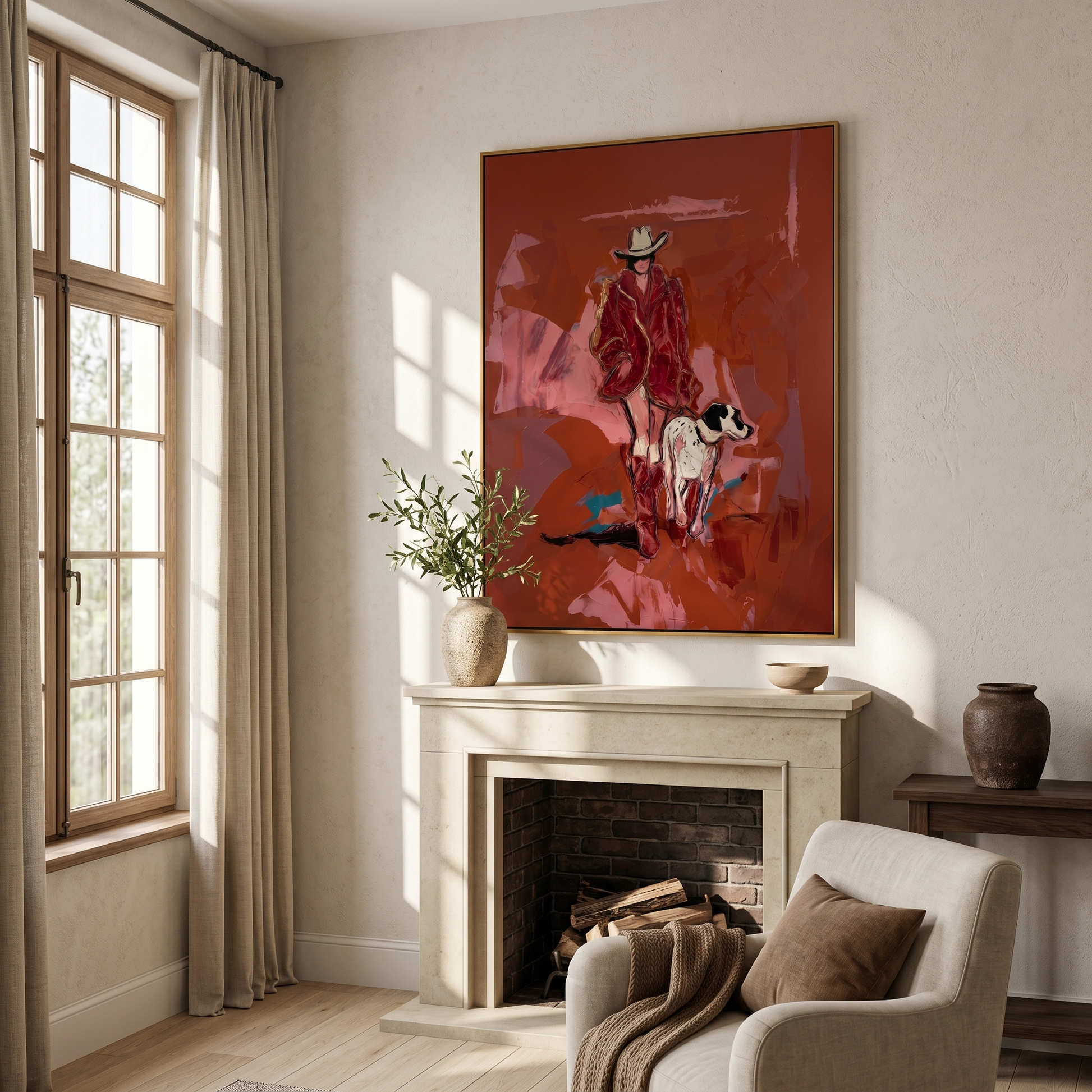 Cowboy Walks with Loyalty — Cowboy and Spotted Dog Painting | Contemporary Western Vertical Wall Art – brown and red contemporary western western art, vertical hand-painted canvas art – view 6