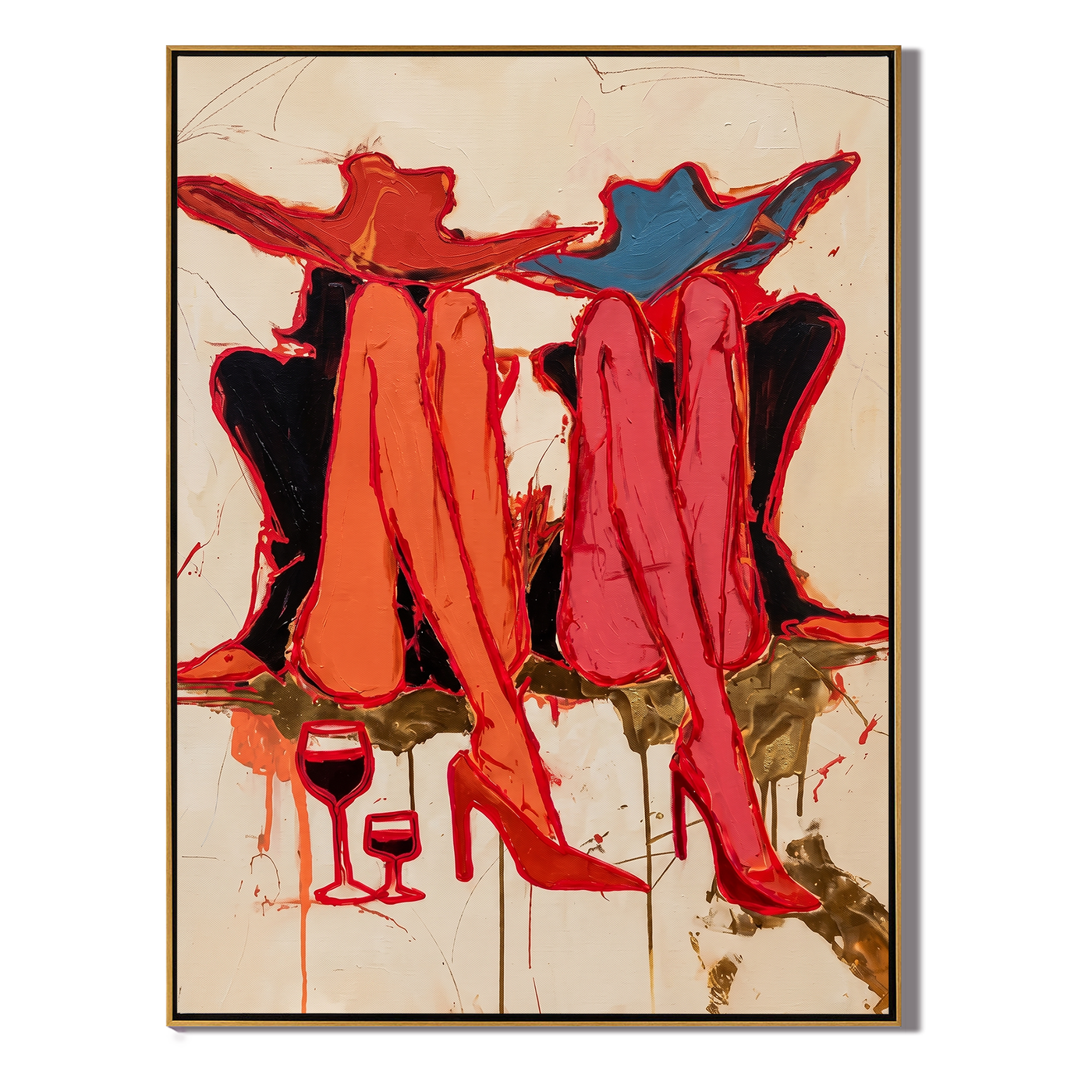 Red Coats Raise Glasses — Twin Red Cowgirl Toast Painting | Contemporary Western Vertical Wall Art – brown and red contemporary western western art, vertical hand-painted canvas art – view 1