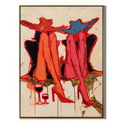Red Coats Raise Glasses — Twin Red Cowgirl Toast Painting | Contemporary Western Vertical Wall Art – brown and red contemporary western western art, vertical hand-painted canvas art – view 1