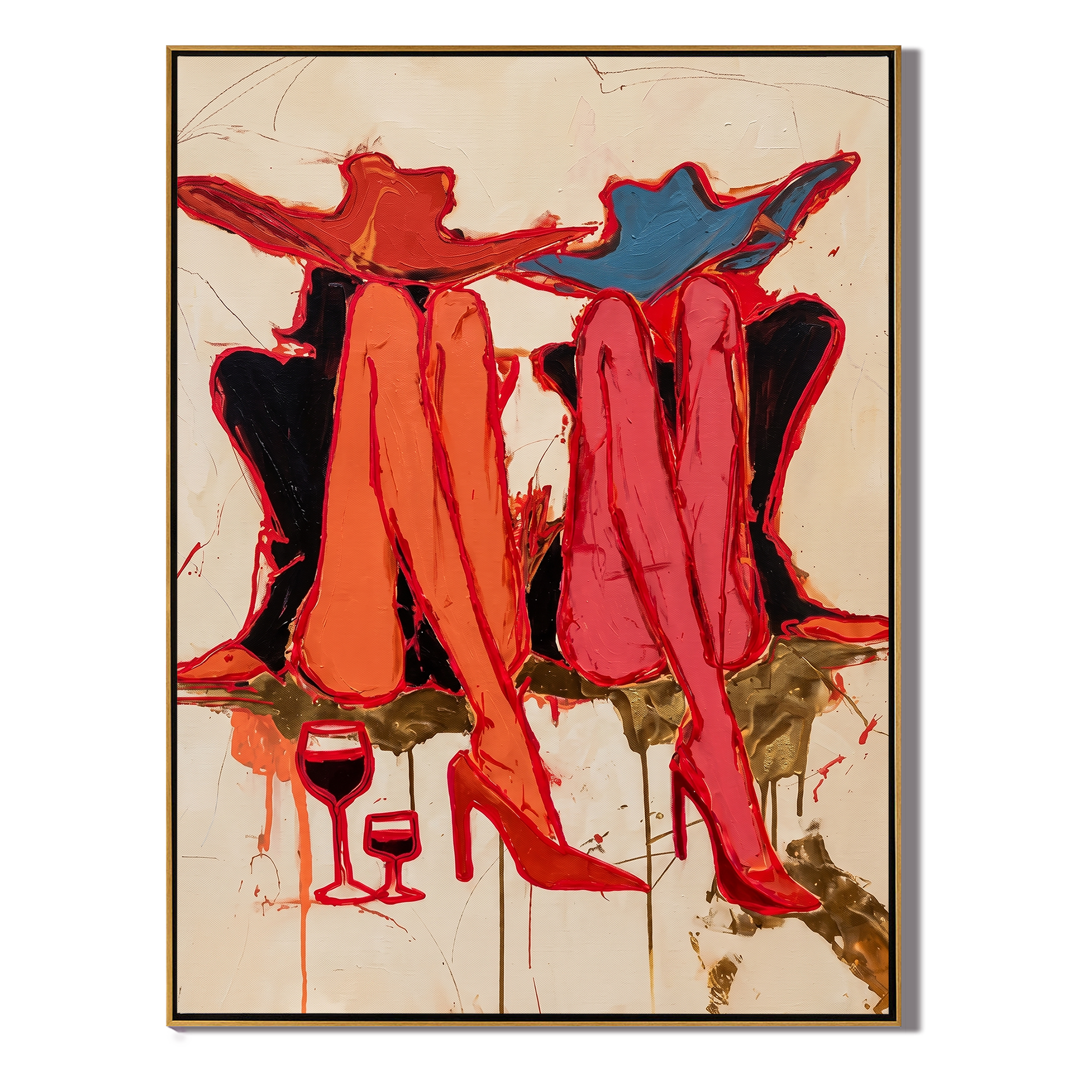 Red Coats Raise Glasses — Twin Red Cowgirl Toast Painting | Contemporary Western Vertical Wall Art – brown and red contemporary western western art, vertical hand-painted canvas art – view 1
