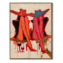 Red Coats Raise Glasses — Twin Red Cowgirl Toast Painting | Contemporary Western Vertical Wall Art – brown and red contemporary western western art, vertical hand-painted canvas art – view 1