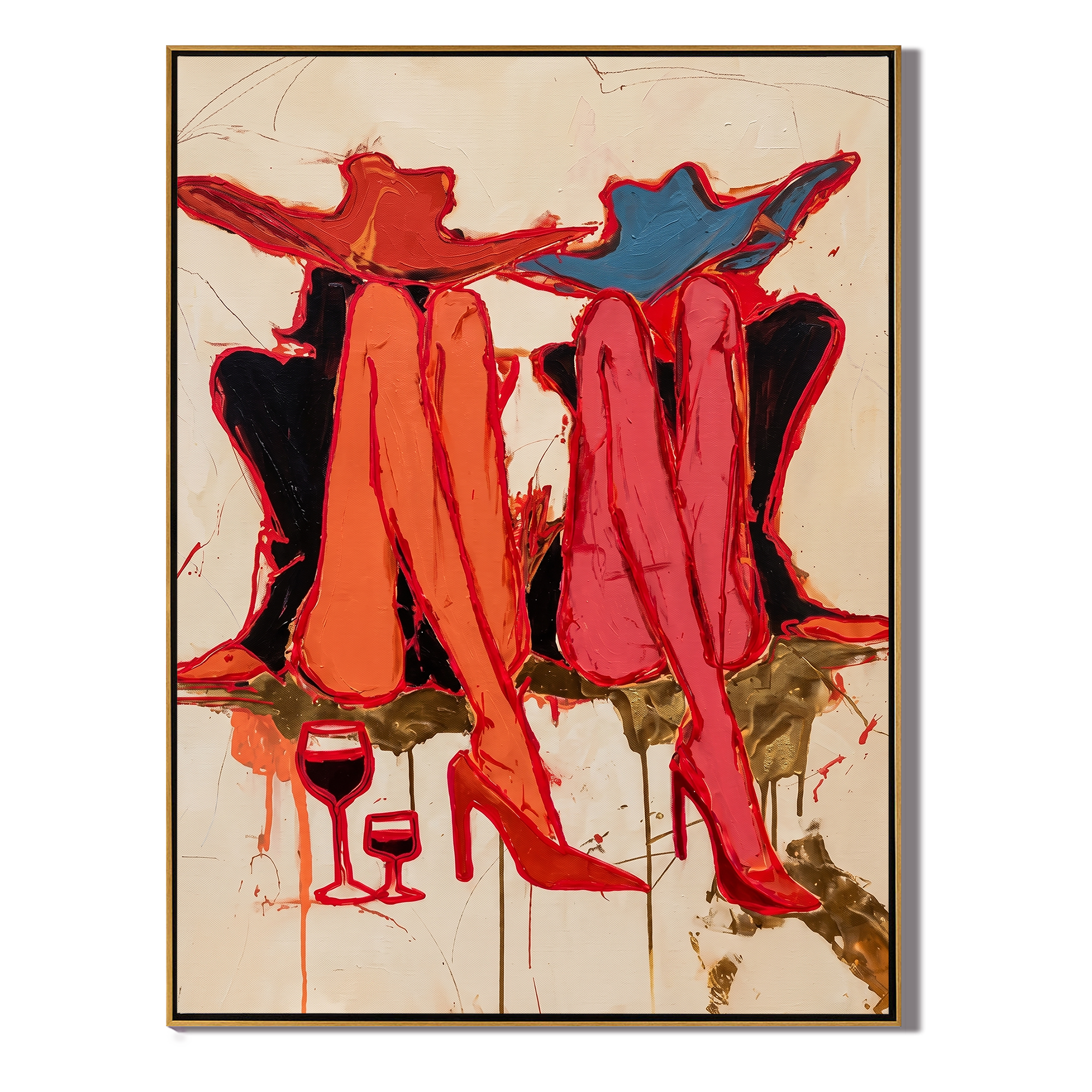 Red Coats Raise Glasses — Twin Red Cowgirl Toast Painting | Contemporary Western Vertical Wall Art – brown and red contemporary western western art, vertical hand-painted canvas art – view 1