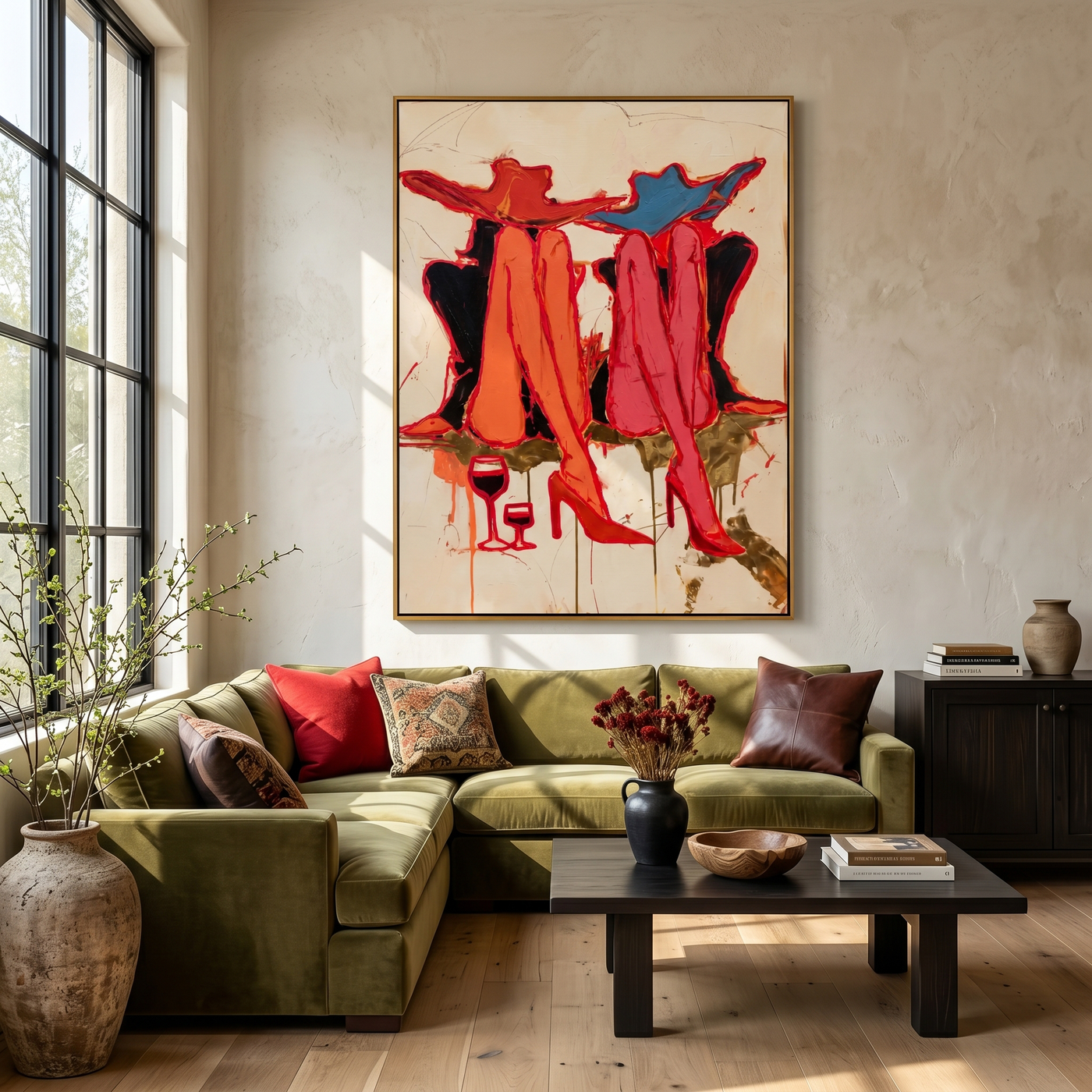 Red Coats Raise Glasses — Twin Red Cowgirl Toast Painting | Contemporary Western Vertical Wall Art – brown and red contemporary western western art, vertical hand-painted canvas art – view 2