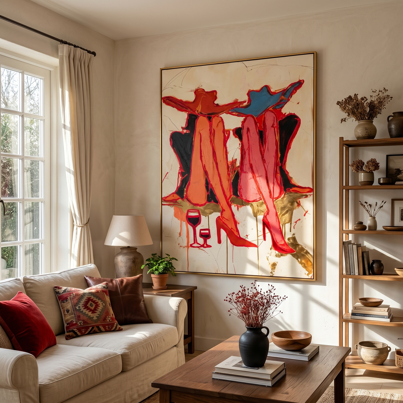 Red Coats Raise Glasses — Twin Red Cowgirl Toast Painting | Contemporary Western Vertical Wall Art – brown and red contemporary western western art, vertical hand-painted canvas art – view 3