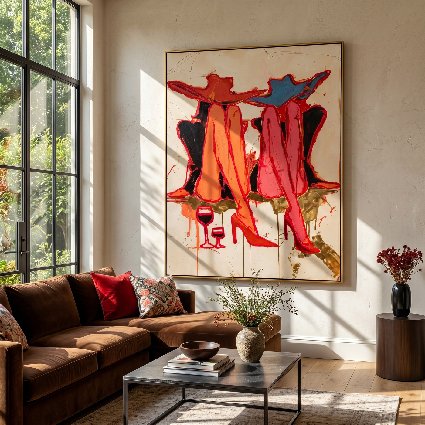 Red Coats Raise Glasses — Twin Red Cowgirl Toast Painting | Contemporary Western Vertical Wall Art – brown and red contemporary western western art, vertical hand-painted canvas art – view 4