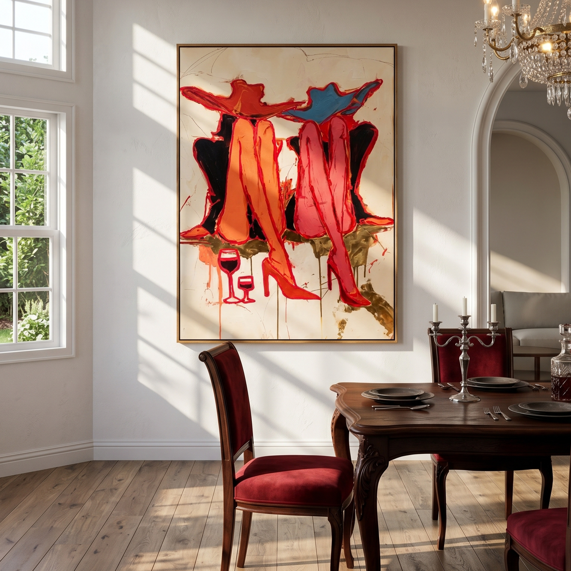Red Coats Raise Glasses — Twin Red Cowgirl Toast Painting | Contemporary Western Vertical Wall Art – brown and red contemporary western western art, vertical hand-painted canvas art – view 5